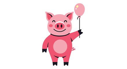 Cute Cartoon Pig Holding a Pink Balloon Illustration. Vector Illustrations. EPS Editable
