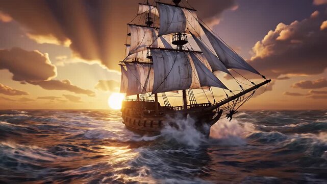Sailing Ship at Sunset - This video features a sailing ship navigating through rough seas during a vibrant sunset.