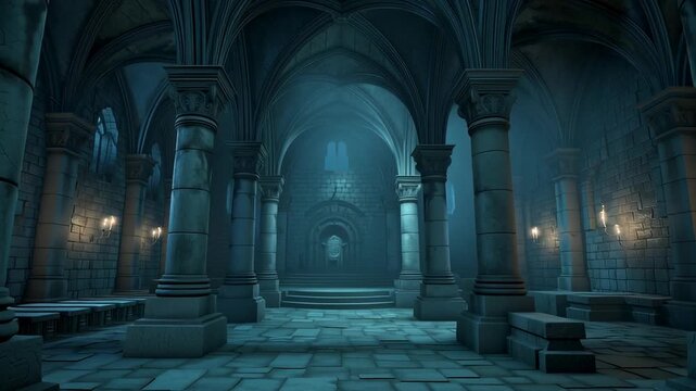 Dark gothic cathedral interior with stone columns and vaulted arches in misty blue light