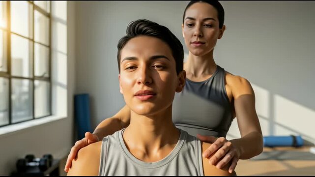 Massage, therapy and wellness for relaxation during a fitness session with female trainer providing shoulder massage to client in bright gym setting. Recovery, rehabilitation and healing with focused