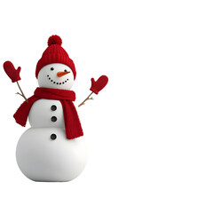 3D ultrarealistic render of a snowman with a red hat and scarf isolated on a white background
