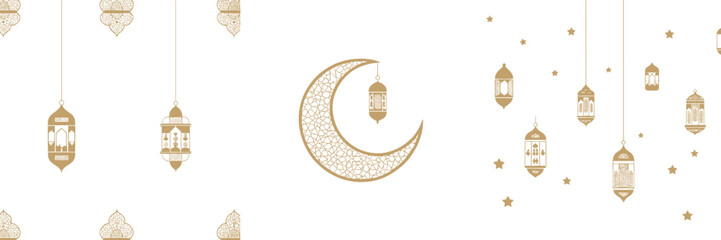 Obraz premium Luxury Ramadan Kareem background with golden lanterns and ornamental crescent moon, Islamic festive flat vector illustration