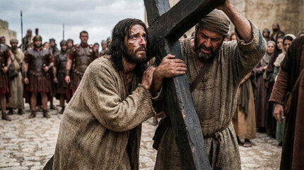 Fototapeta premium Simon of Cyrene assists Jesus carrying the cross, powerful biblical scene, Via Dolorosa