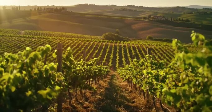 Vineyard rows at sunset rural landscape.