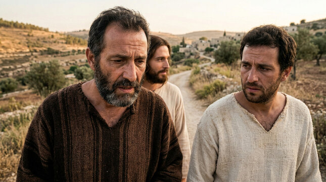 road to Emmaus, Jesus walking with Cleopas and Luke on the road, the disciples in sorrowful conversation, Jesus listening, they do not recognize Him