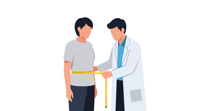 Doctor Measuring Patient Waist with Tape Measure. Vector Illustrations. EPS Editable