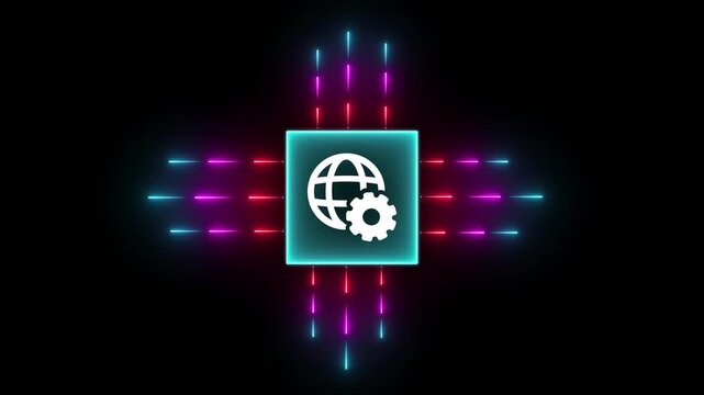 Abstract digital technology background with a glowing globe and gear icon in the center, representing global connectivity, internet settings, and network configuration