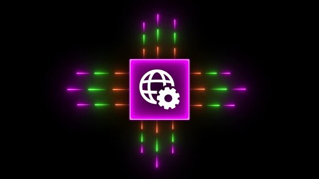 Abstract digital technology concept with a glowing globe and gear icon, representing global connectivity, internet settings, and network configuration, neon light effect on black background