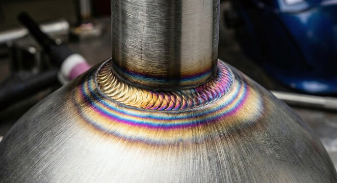 Close-up of a high-quality tig weld on a stainless steel pipe with colorful heat tint oxidation