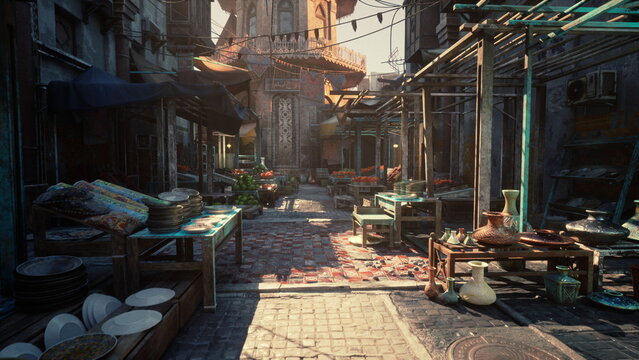 petal strewn market lane at dusk with fallen petals carpeting cobblestone and puddled reflections, shuttered stalls, empty tables and scattered crates ribboned