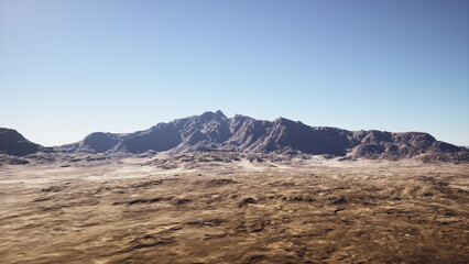 Naklejka premium wide desert plain with mountain ridge. sunlit barren ground with scattered rocks, clear blue cloudless sky and distant sharp ridgeline silhouettes. atmosphere