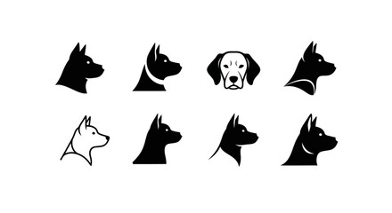 Obraz premium Minimal dog logo silhouette set featuring 4 branding variations including sitting dog, dog head front view, circular badge emblem, and running dog profile