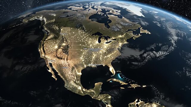 North America Night Lights from Space - A view of North America from space shows the nighttime lights of cities and towns, highlighting the density of population and energy consumption.