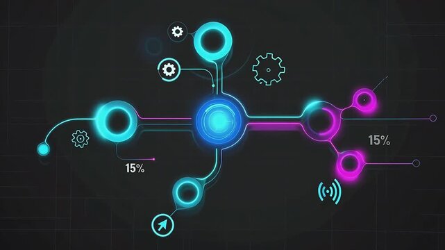 Stylized glowing flowchart with dynamically unfolding nodes that pulse softly. Smooth, fluid connectors animate between each step, creating an elegant sense of motion.