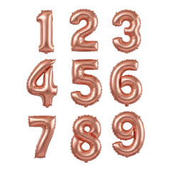 Fototapeta premium Rose gold foil balloons number shapes 1 to 9 isolated on transparent background