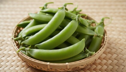 Vibrant Green Snap Peas in a Woven Basket, Freshly Harvested for Healthy Eating