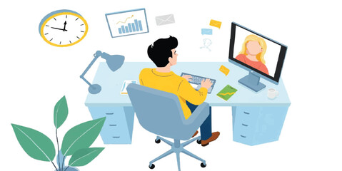 Remote Work Illustration of Man in Home Office Having Video Conference Call on Laptop with Female Colleague Online