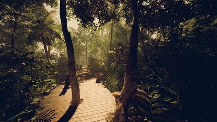 adventurer viewpoint on jungle boardwalk surrounded by dense foliage and dramatic light shafts, mood of exploration and discovery for travel and outdoor © icetray