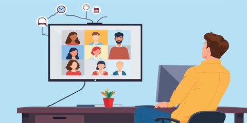 Remote work, video conference, virtual meeting, hybrid workplace, online collaboration, team discussion, webinar, telecommuting, digital communication, home office, freelancer, video call, workspace, 