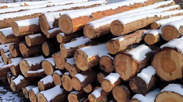 Pile log tree trunks of forest, industrial deforestation. stack of logs covered with snow. snow in forest.