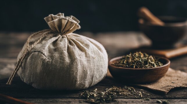 poultice. Herbal poultice wrapped in linen cloth beside a wooden bowl of dried herbs, natural remedy concept. menu design.
