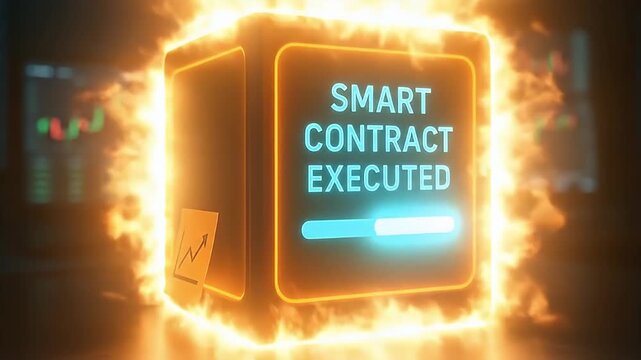 Smart contract executed glowing cube with fiery border and progress bar conveying secure blockchain transaction confirmation and dynamic digital finance concept smart contract executed neon cube