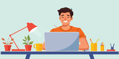 ​Happy Young Male Freelancer Working on Laptop at a Modern Home Office Desk with Plants and Coffee Illustration