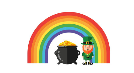 Fototapeta premium Lucky Leprechaun Standing Near Pot Gold Rainbow. Vector Illustrations. EPS Editable