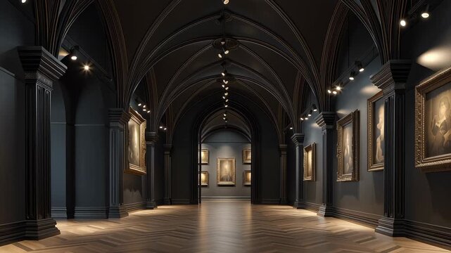 Dark gothic art gallery interior with arched ceiling and framed paintings under soft lights