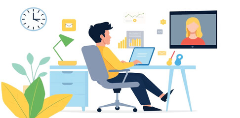 Remote Work Illustration of Man in Home Office Having Video Conference Call on Laptop with Female Colleague Online