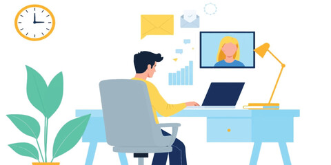 Remote Work Concept Illustration: Professional Man in Home Office Having Virtual Meeting and Video Call with Colleague