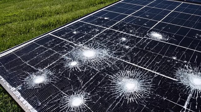 Cracked solar panel with multiple impact fractures and spiderweb shatter marks photovoltaic cell shattered glass, cracked solar panel with circular impact fractures photovoltaic module grassy field