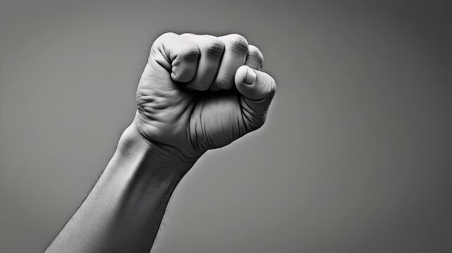 Clenched fist raised determined gesture monochrome close up showing hand detail skin texture wrist vein knuckle conveying strength and resolve clenched fist hand arm skin grip strength power protest