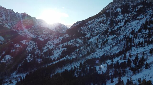 Mountains in winter sunset drone 