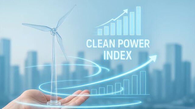Clean power index wind turbine model held hand with glowing data graphs and upward charts showing renewable energy growth and sustainability optimism and transparent wind turbine model with rising