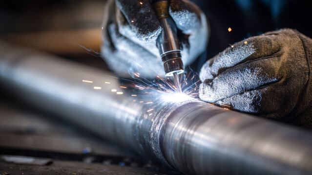 A welder inspecting TIG weld seam on stainless steel pipe.