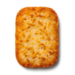 A close up of a cheese hash brown on a white background