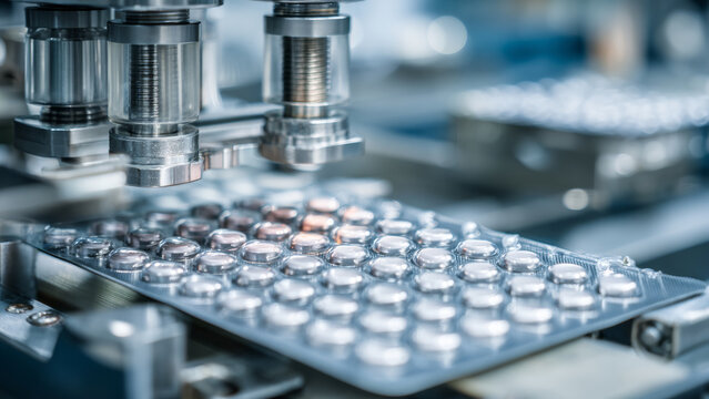 A pharmaceutical blister packaging machine sealing tablets.