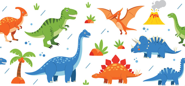 Cute Dinosaur Collection with T Rex Stegosaurus Triceratops Pterodactyl and Volcano Cartoon Vector Illustration Set