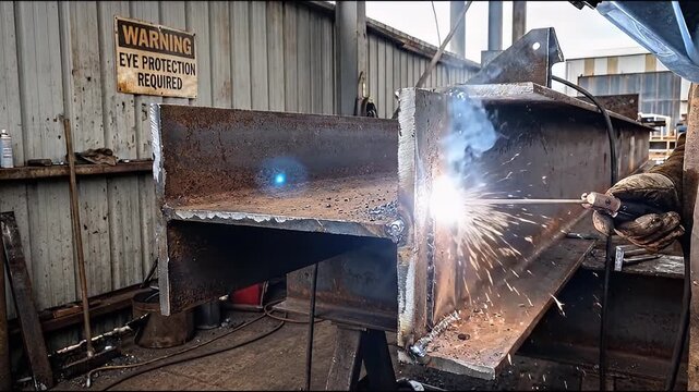 Welder welding steel I beam industrial workshop sparks flying protective glove eye safety gritty metal texture smoky atmosphere rusted beam fabrication repair metal industrial sparks focused