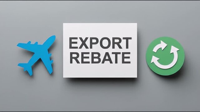 Export rebate concept with airplane icon and circular refund arrow symbol conveying international trade finance program savings tax refund for exporters encouraging export rebate and international