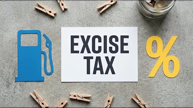 Excise tax concept card with fuel pump icon and percentage symbol concrete background minimal finance composition conveying taxation cost impact and financial burden and cost increase excise tax sign