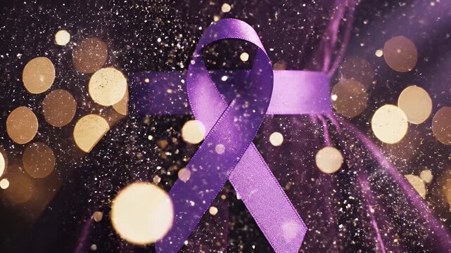 Purple Awareness Ribbon with Sparkling Bokeh - This video features a purple awareness ribbon, often used to symbolize support for various causes, set against a dark backdrop.