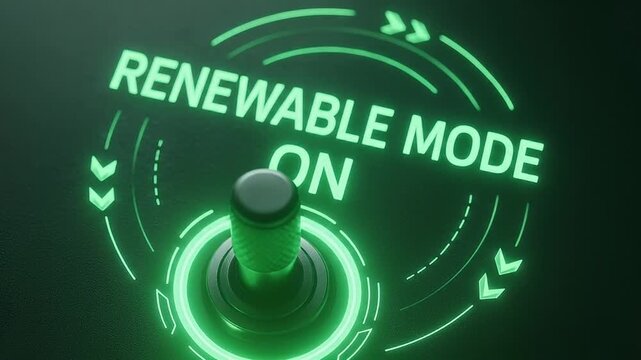 Renewable mode green toggle switch glowing with circular digital interface and glowing control knob activated, futuristic energy concept conveying eco friendly optimistic power transition