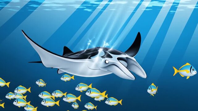 A manta ray swims above small yellow and blue fish underwater, with rays of light coming through