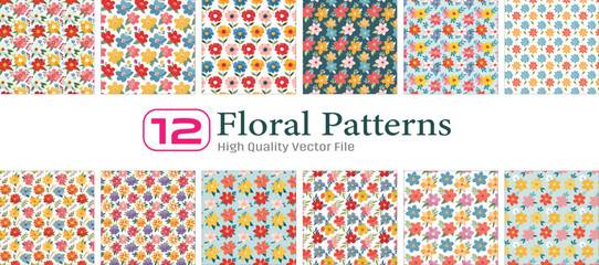 12 Seamless Vector Floral Patterns Colorful Spring Summer Blooms Backgrounds Set