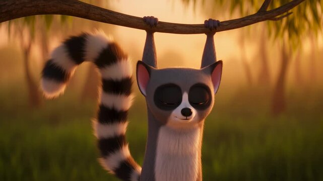 Animated lemur hanging from tree branch at sunset with striped tail and dreamy eyes cartoon style animation