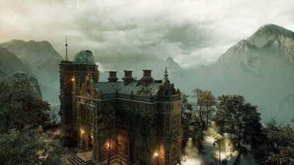 historic mountain library and study under moody sky with lit windows and ornate rooftop, quiet scholarly sanctuary evoking dark academia, research retreat © icetray