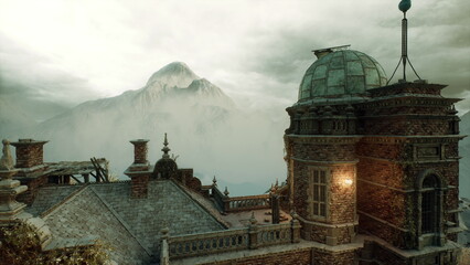 Historic tower glowing with warm lanterns, dome and spire framed by misty peaks, carved cornices illuminated, moody evening mood with soft light © icetray