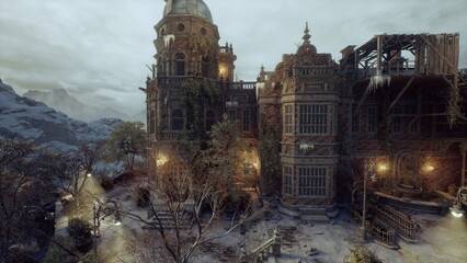 Ornate tower rising above frozen courtyard with dome and carved reliefs, restorer role imagined documenting cornice and spire details, faded patina, climbing © icetray